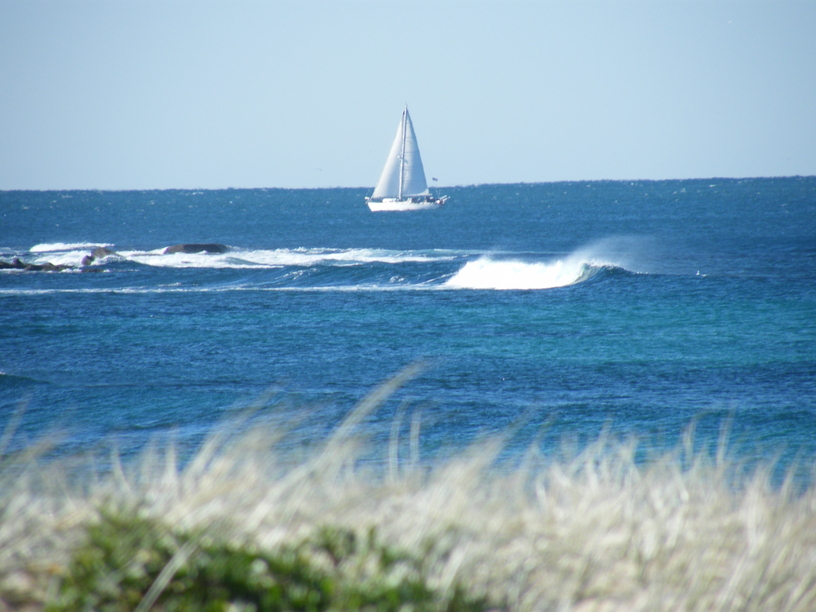 Sailing boat behind a reef, Newcastle NSW
